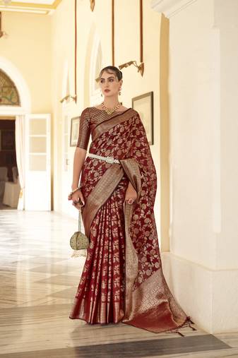 Elora linen silk jacquard designer saree for women (maroon)