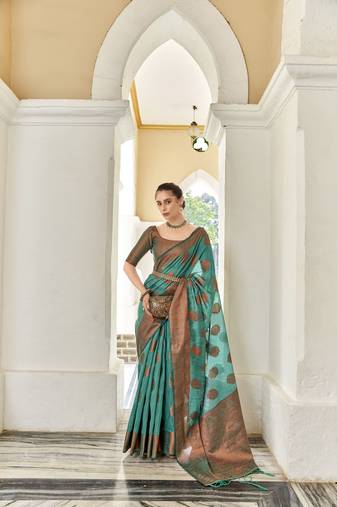 Elora linen copper zari butta designer saree for women (bottle green)