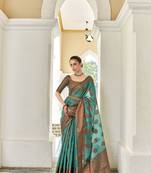 Elora linen copper zari butta designer saree for women (bottle green)