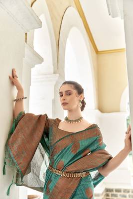 Elora linen copper zari butta designer saree for women (bottle green) 3