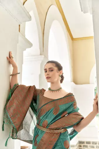 Elora linen copper zari butta designer saree for women (bottle green)