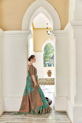 Elora linen copper zari butta designer saree for women (bottle green)
