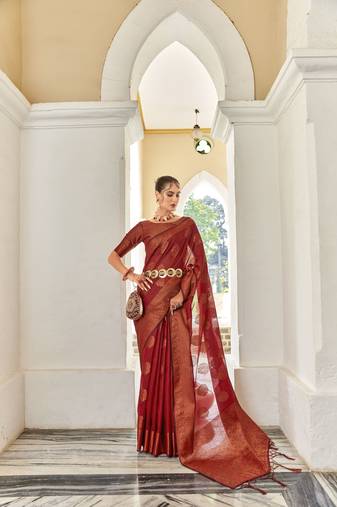 Elora linen copper zari butta designer saree for women (red)