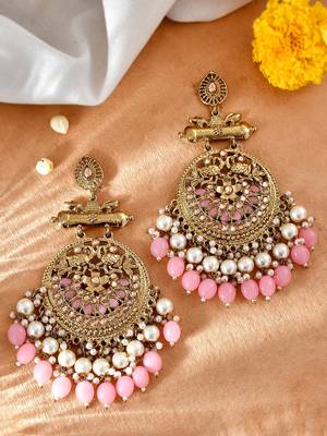 Gold Plated Pink toned Stones and Pearl embellished ChandBali Earrings Brass 1