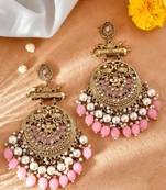 Gold Plated Pink toned Stones and Pearl embellished ChandBali Earrings Brass