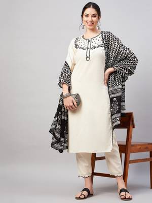 Winered woman beige embroidered kurta set with cotton dupatta 1