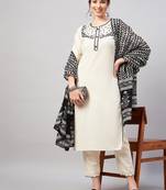 Winered woman beige embroidered kurta set with cotton dupatta