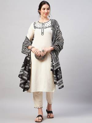 Winered woman beige embroidered kurta set with cotton dupatta 2