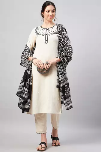 Winered woman beige embroidered kurta set with cotton dupatta