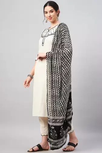 Winered woman beige embroidered kurta set with cotton dupatta