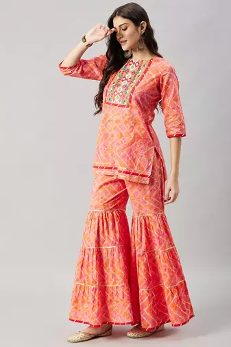 Winered woman orange embroidered sharara set