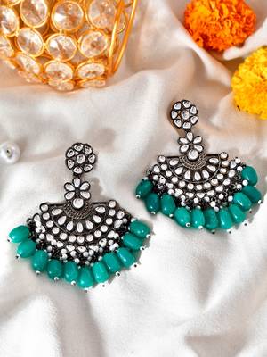 Black Silver Plated Green Glass Stones embellished ChandBali Earrings Brass 1