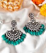 Black Silver Plated Green Glass Stones embellished ChandBali Earrings Brass