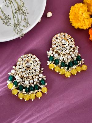 Gold Plated Kundan with Colorful Yellow Green Tumbles Drop Earrings 1