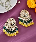 Gold Plated Kundan with Colorful Yellow Green Tumbles Drop Earrings