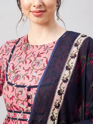 Winered woman pink floral flared kurta dupatta set 4