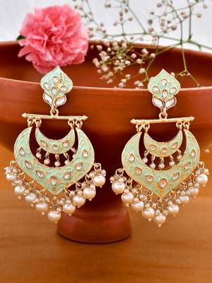 Gold Plated handcrafted Meenakari Mint Green Chandbali Earrings Brass With Kundan 6