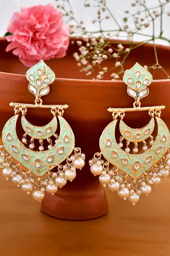 Gold Plated handcrafted Meenakari Mint Green Chandbali Earrings Brass With Kundan
