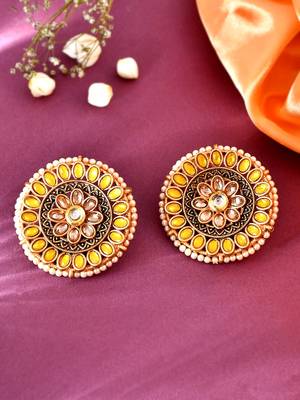 Luminous yellow stone studded big round stud earrings copper gold plated for women & girls 6