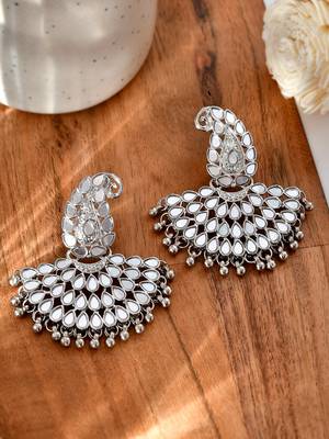 Lux design mirror studded chandbali earrings copper silver plated for women & girls 6