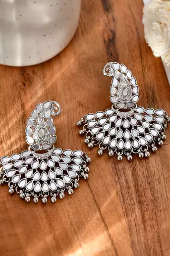 Lux design mirror studded chandbali earrings copper silver plated for women & girls