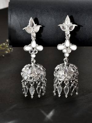 Minimal look mirror studded drop earrings with small jhumkis copper silver plated for women & girls 6