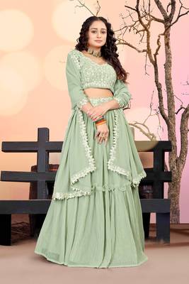 Sea Green Two Tier Crush Georgette Lehenga Choli with Dupatta 1