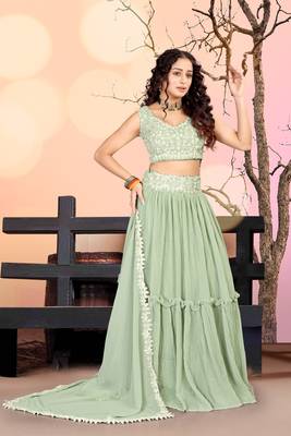 Sea Green Two Tier Crush Georgette Lehenga Choli with Dupatta 2