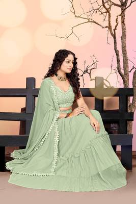 Sea Green Two Tier Crush Georgette Lehenga Choli with Dupatta 3