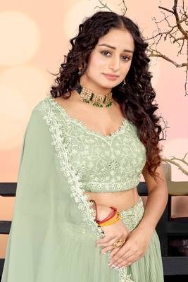 Sea Green Two Tier Crush Georgette Lehenga Choli with Dupatta 4