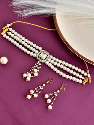 Pearl kundan brooch choker jewellery set 1