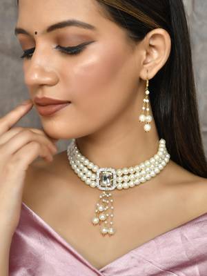 Pearl kundan brooch choker jewellery set 2