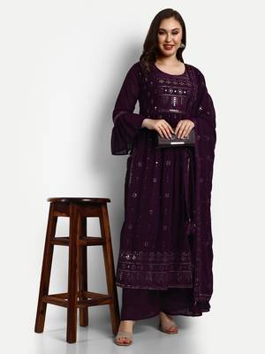 Wine Georgette Embroidered Palazzo Suits Set 1