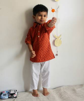 Orange Poplin Embroidery Schiffli Work Kurta 2