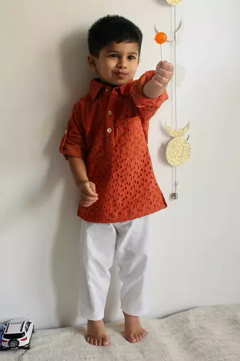 Orange Poplin Embroidery Schiffli Work Kurta
