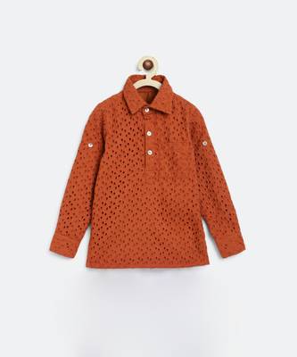 Orange Poplin Embroidery Schiffli Work Kurta 3