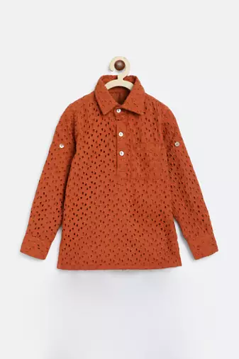 Orange Poplin Embroidery Schiffli Work Kurta