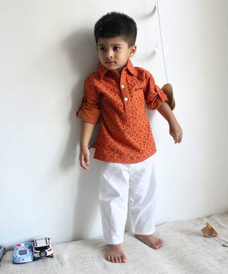 Schiffli rust orange kurta set 1