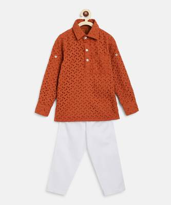 Schiffli rust orange kurta set 3