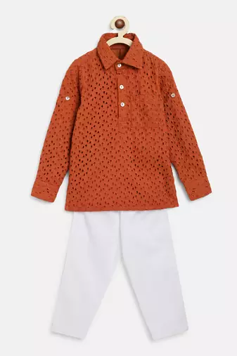 Schiffli rust orange kurta set