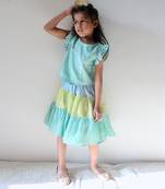 Blue Chanderi Embroidery Sequins Work Top With Color Block Skirt