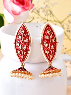 Meenakari leaf designed red jhumkis earrings copper gold plated for women & girls 6