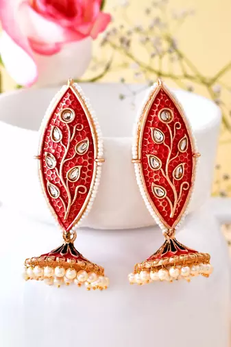 Meenakari leaf designed red jhumkis earrings copper gold plated for women & girls