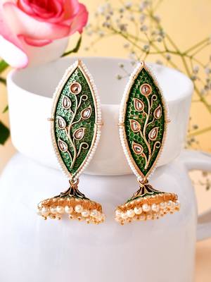 Meenakari leaf designed green jhumkis earrings copper gold plated for women & girls 6