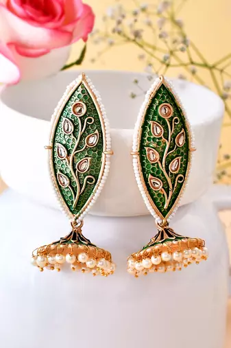 Meenakari leaf designed green jhumkis earrings copper gold plated for women & girls