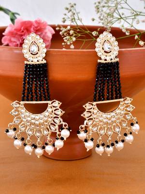 Gold Plated Black Glossy Stones Jhoomar style Chandbali Earrings Brass 5
