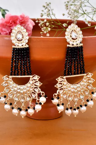 Gold Plated Black Glossy Stones Jhoomar style Chandbali Earrings Brass