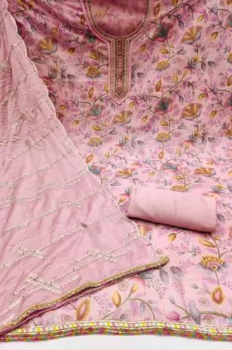 Peach Organza Hand Work Dress Material With Inner