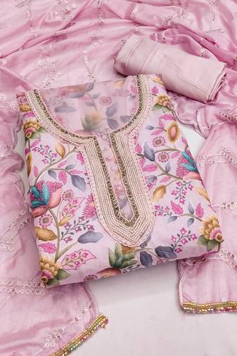 Pink Organza Hand Work Dress Material With Inner