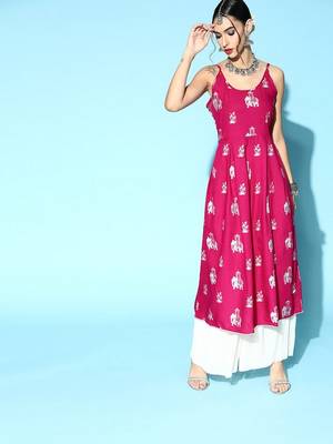 Pink Rayon Printed A-line Kurta 2